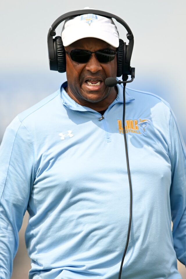 Image from the LIU football team's 63-10 loss against host Kent State at Dix Stadium in Kent, Ohio, on Saturday, Sept. 17, 2022. Pictured: head coach Ron Cooper
Photo courtesy of Long Island Athletics