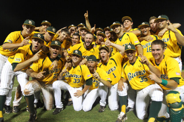 The Bears take a group picture during the celebration of their 9-2 victory over Dallas Baptist after winning the NCAA Regional Championship on June 4, 2012, at the Baylor Ballpark. Lariat file photo