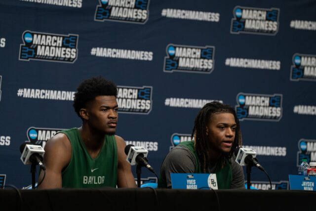 Freshman center Yves Missi (left) and junior guard Jayden Nunn (right) address the media during the Bears' press conference on Saturday in the FedExForum in Memphis, Tenn. Camie Jobe | Photographer