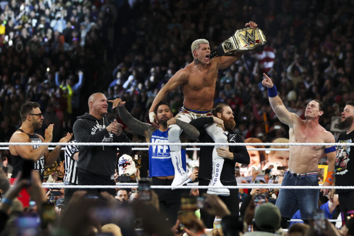 Cody Rhodes celebrates after winning the Undisputed WWE universal championship match during WrestleMania 40 at Lincoln Financial Field in Philadelphia, on Sunday, April 7, 2024. (Monica Herndon/The Philadelphia Inquirer via AP)