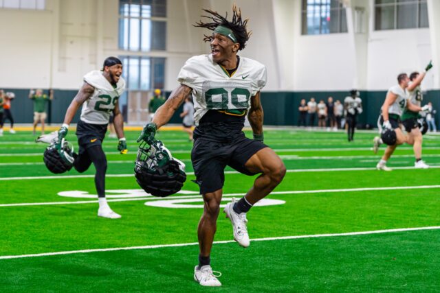 Fifth-year wide receiver Ashtyn Hawkins celebrates a great offensive play during the Baylor Green & Gold football team's spring game at the Simpson Center. Photo courtesy of Baylor Athletics