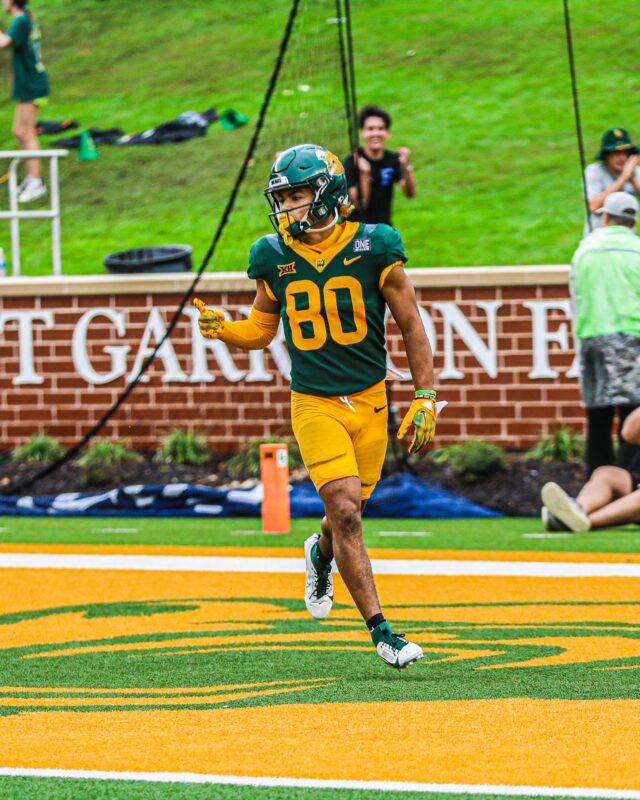 Senior wide receiver Monaray Baldwin celebrates his touchdown against Iowa State on Oct. 28, 2023, at McLane Stadium. Lariat file photo