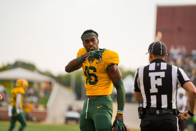 Senior wide receiver Hal Presley signals a first down after catching a pass on the sideline against Texas State at McLane Stadium on Sept. 2, 2023. Lariat file photo