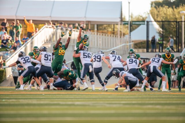 Baylor football leaps to block a kick during it’s 38-24 win over BYU on Oct. 16, 2021, at McLane Stadium. The Bears are 2-2 all-time against BYU, with the last battle being a loss in Provo, Utah. Roundup File Photo