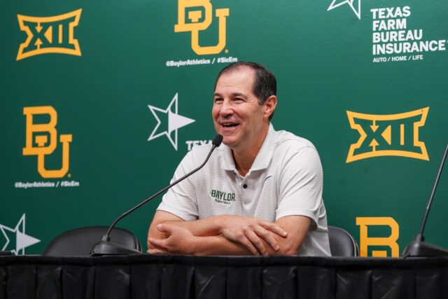 Head coach Scott Drew sits in front of the media prior to Baylor men's basketball's first fall practice on Monday at Foster Pavilion. Foster Nicholas | Sports Editor