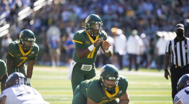 Former Baylor quarterback Gerry Bohanon lines up in the shotgun during Baylor football’s 38-24 win over BYU on Oct. 16, 2021, at McLane Stadium. Although Bohanon isn’t starting, he will make his return to Waco for the first time since transferring in 2022. Roundup File Photo