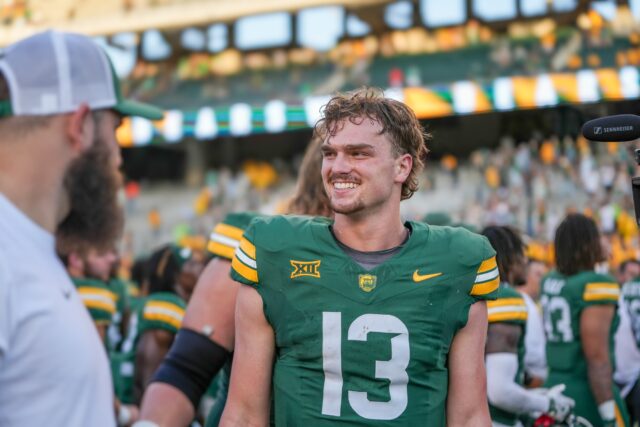 Redshirt junior Sawyer Robertson smiles after Baylor's 38-28 win over Oklahoma State during Baylor's Homecoming celebration. Mary Thurmond | Photographer