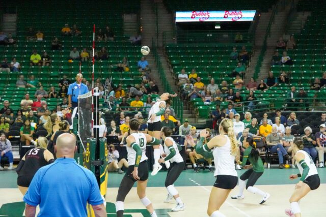 Senior outside hitter Elise McGhee stares down a kill during No. 17 Baylor volleyball's 3-1 win over Iowa State Wednesday night at the Ferrell Center. Caleb Garcia | Photographer