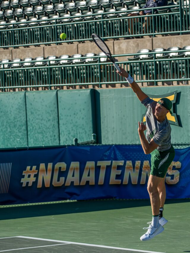 Senior Oskar Brostrom Poulsen serves during the Sweet 16 of the NCAA doubles championship at the Hurd Tennis Center on Thursday afternoon. Cameron McCollum | Photo Editor