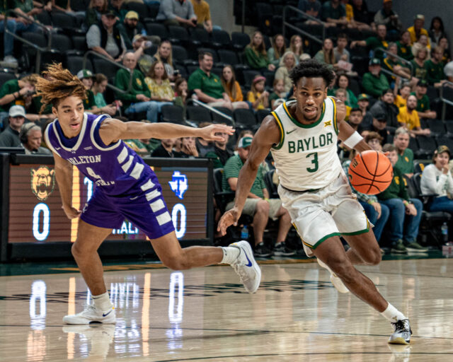 Fifth-year guard Jeremy Roach races to the rim during No. 12 Baylor men's basketball's 104-41 win on Sunday night at the Foster Pavillion. Kassidy Tsikitas | Photo Editor