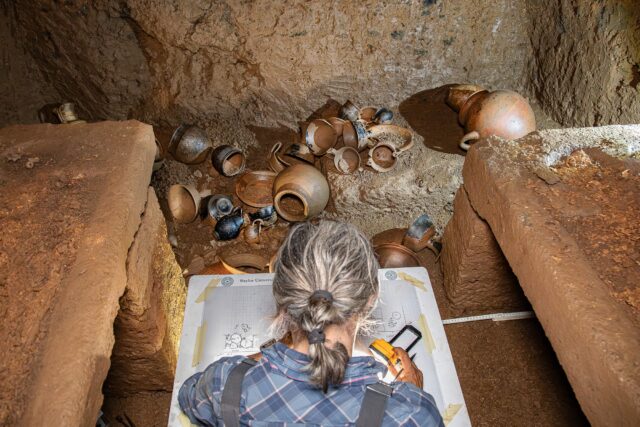 Co-Principal Investigator Dr. Jaime Aprile overlooked vessels in the tomb and went to work documenting them after the tomb was discovered. Photo courtesy of Baylor SGARP