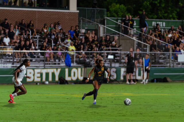 Junior Midfielder Aryana Jimison takes control just before shooting and scoring the second goal of the game in the Bears' 2-0 win against Mississippi State Thursday night at Betty Lou Mays Field. Brady Harris | Photographer