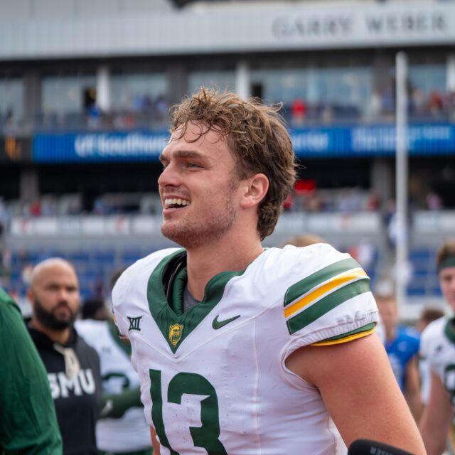 Redshirt senior quarterback Sawyer Robertson throws for 440 yards and four touchdowns in Baylor’s 48-45 double-overtime win over No. 17 SMU Saturday at Gerald J. Ford Stadium in Dallas. Mary Thurmond | Photo Editor