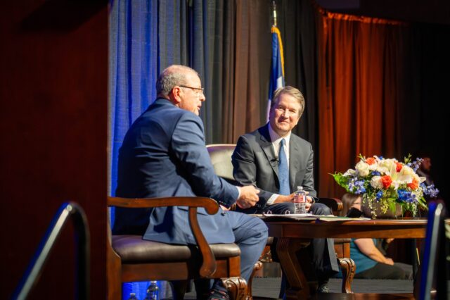 Supreme Court Justice Brett Kavanaugh sits down with McLennan Community College history professor Ashley Cruseturner as part of the Ken Starr Lecture Series hosted by MCC Thursday evening. Sam Gassaway | Photographer