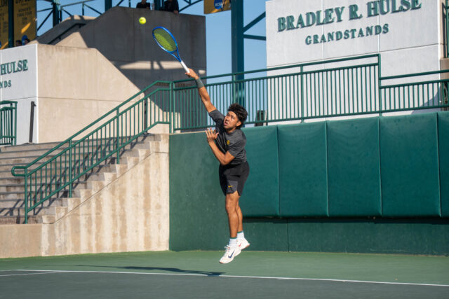 Senior Arman Zamani serves alongside junior Louis Bowden in doubles action during Baylor’s 8-6 win over Texas Tech. Mary Thurmond | Photo Editor
