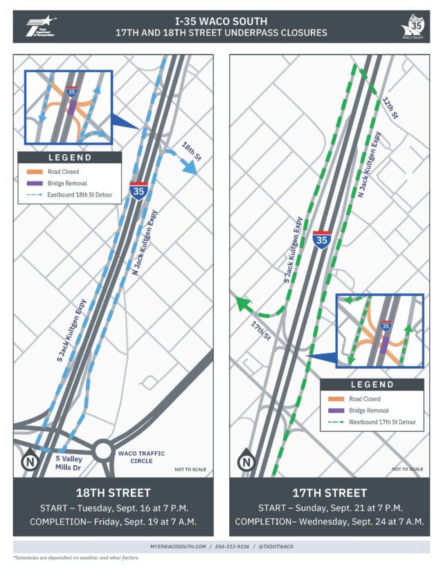 The removal of northbound bridges on I-35 will shut down 17th and 18th Streets until Sept. 24. Photo courtesy of Texas Department of Transportation.