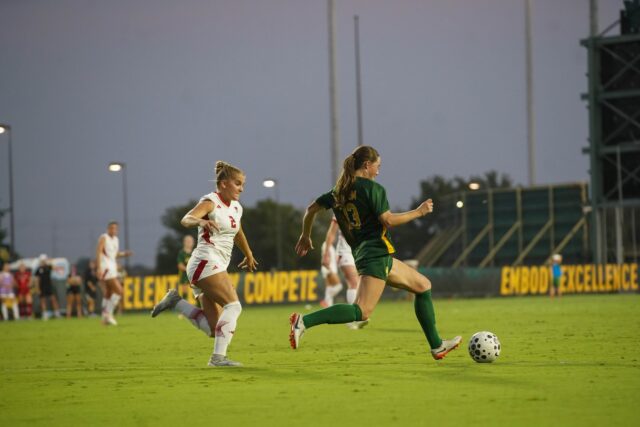 Graduate Defensive Midfielder Blythe Omar pushes up the midfield at the Baylor vs Texas Tech Women's Soccer Game at Betty Lou Mays Soccer Field on Friday night. Caleb Garcia | Photographer