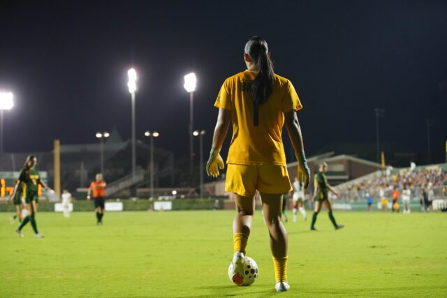 Senior Goalkeeper Azul Alvarez scans the field during the Baylor vs Texas Tech Women's Soccer Game at Bettie Lou Mays Soccer Field on Friday night. Caleb Garcia | Photographer
