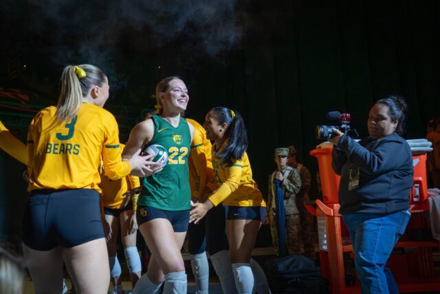 The Bears welcome freshman defensive specialist Morgan Madison to the court ahead of their game against TCU at the Ferrell Center on Saturday. Sam Gassaway | Photographer