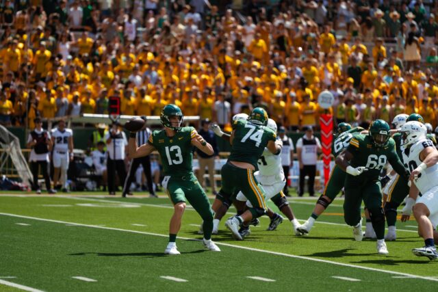 Redshirt senior quarterback Sawyer Robertson winds up to sling a quick pass in the Bears' 42-7 Victory over Samford Saturday at McLane Stadium. Brady Harris | Photographer