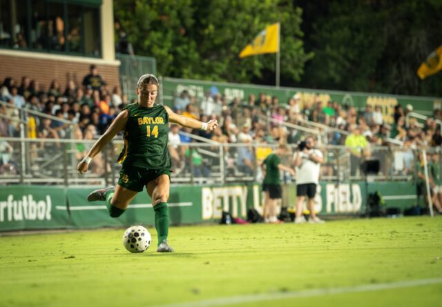 Junior midfielder Theresa McCullough passes the ball during the Bears' 3-0 victory over Iowa State at Betty Lou Mays Field on Thursday. Sam Gassaway | Photographer