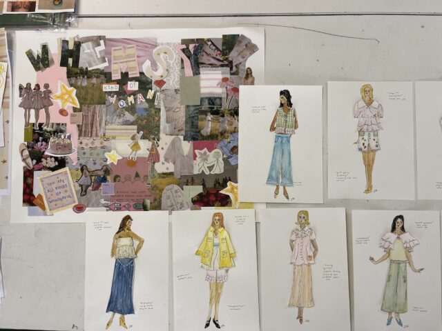 Fashion illustrations from Reynolds’s “Whimsy Kind of Woman” collection are displayed alongside her mood board. The designs reflect a playful, nostalgic aesthetic influenced by thrifted materials, childhood memories and soft, feminine details. Photo courtesy of Caitlynn Reynolds