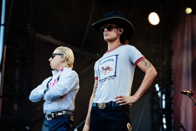 CA7RIEL and Paco Amoroso survey the crowd at Beatbox Stage during their Sunday set at Austin City Limits. Photo courtesy of Greg Noire