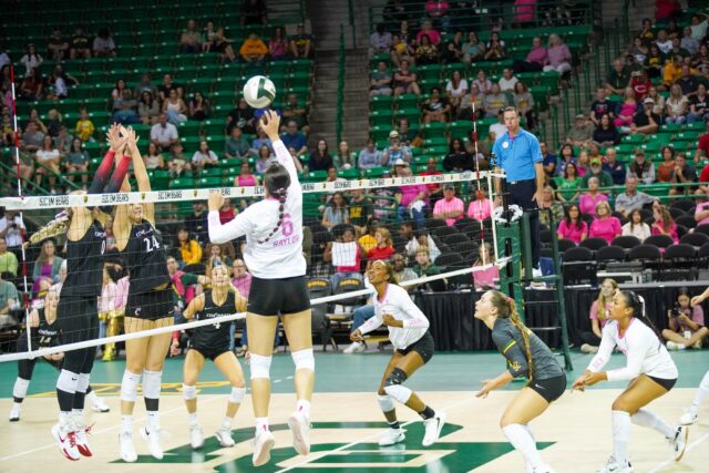 Freshman outside hitter Ksenia Rakmanchik bumps the ball at the Baylor vs Cincinnati University Volleyball Game on Friday evening at the Ferrell Center. Caleb Garcia | Photographer