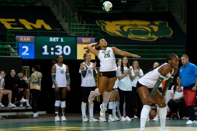 Junior defensive specialist Tehani Ulufatu serves a dagger in the Bears'