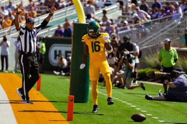 Senior wide receiver Kobe Prentice dances in the end zone after catching a 30-yard touchdown pass. Brady Harris | Photographer