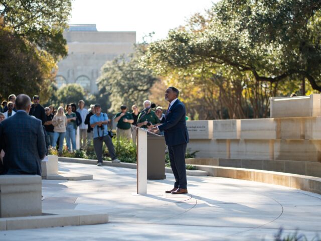 Baylor Regent and Commission Member, Dr. Michael McFarland, was a notable speaker at Friday morning's dedication ceremony of the Memorial to Enslaved Persons. Alyssa Meyers | Photographer.