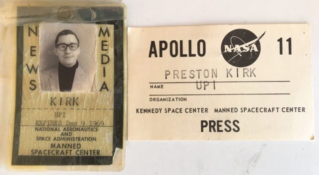 Preston Kirk’s NASA press badge and Apollo 11 media credentials from his time reporting for United Press International. Courtesy of Preston Kirk.