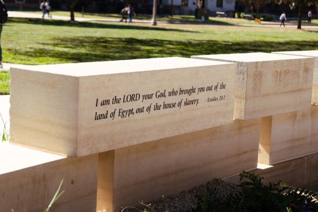 One of the limestone pieces, used to symbolize the stone used in Baylor's original construction, proudly displays a symbolic verse from Exodus 20:2. Brady Harris | Photographer