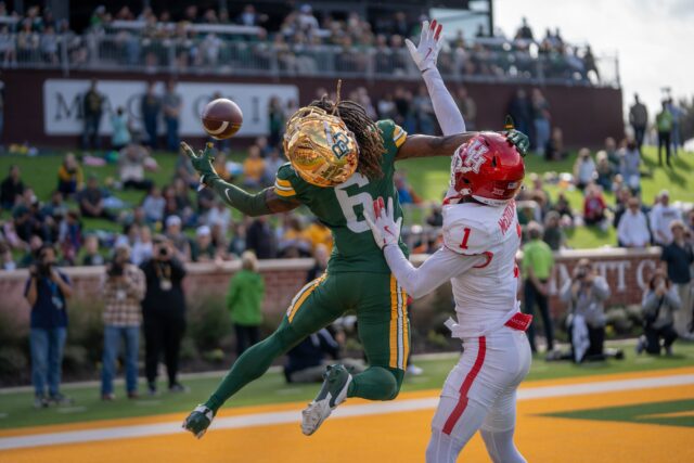 Fifth year wide receiver Ashtyn Hawkins' helmet came off during an attempted pass during the Bears' 31-24 loss against Houston on Saturday. Sam Gassaway | Photographer