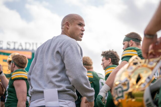 Head coach Dave Aranda debriefs with the team after the Bears' 31-24 loss against Houston on Saturday. Sam Gassaway | Photographer