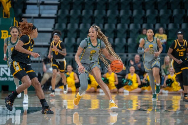 Senior forward Darianna Littlepage-Buggs dribbles the ball during the Bears' 76-35 victory over Grambling State at Foster Pavilion on Sunday. Sam Gassaway | Photographer