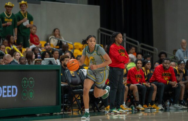Freshman guard Marcayla Johnson brings the ball down the court during the Bears' 76-35 victory over Grambling State at Foster Pavilion on Sunday. Sam Gassaway | Photographer