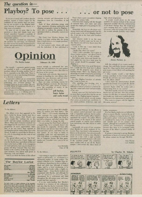 The first editorial the Lariat published in opposition to Baylor President Abner McCall's decision to discipline any female Baylor student that posed for Playboy Magazine. Courtesy of the Lariat Archives