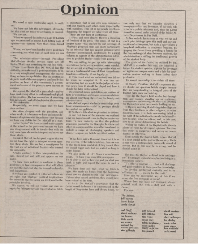 The Feb. 22 editorial was signed by all three Lariat editors and several staff members after President McCall told the Lariat they could only cover "the right kind" of news. Courtesy of the Lariat Archives.