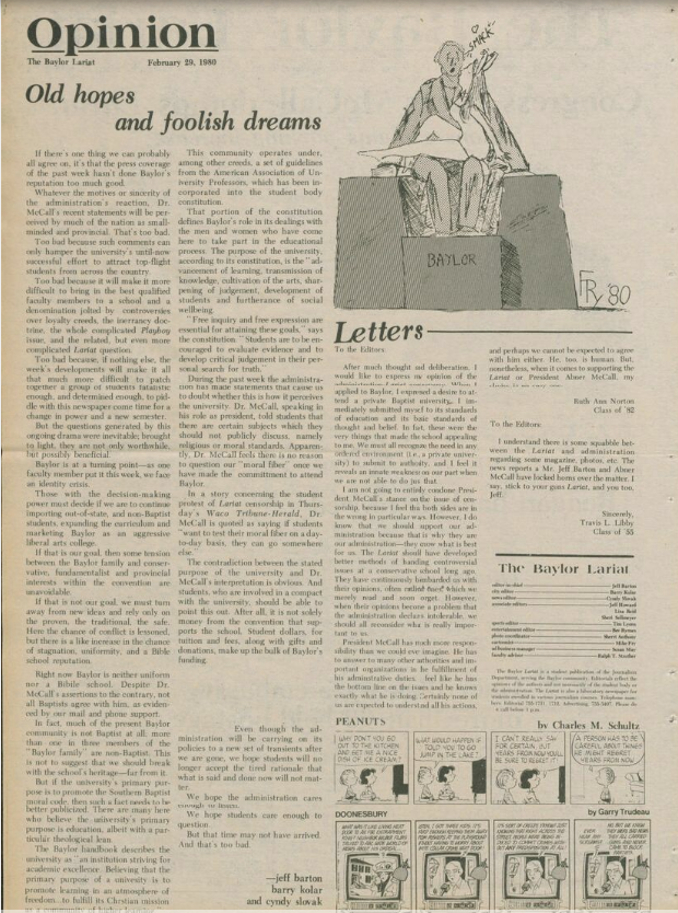 The final editorial published by the Lariat in response to President McCall's decision on Playboy. The editorial ran with a cartoon depicting a scantily clothed female student sitting atop the statue of Judge Baylor. Courtesy of the Lariat Archives.