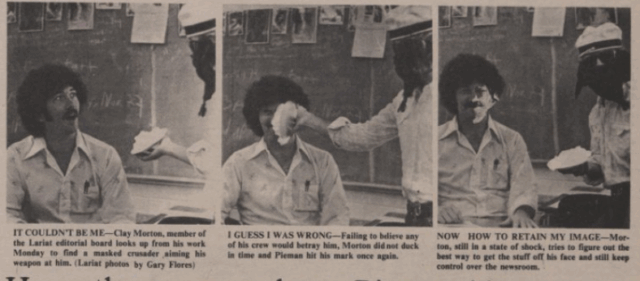 Clay Morton, a member of The Lariat Editorial Board, looks up from his work Nov. 23, 1976, to find a masked crusader aiming his weapon at him. Lariat file photo