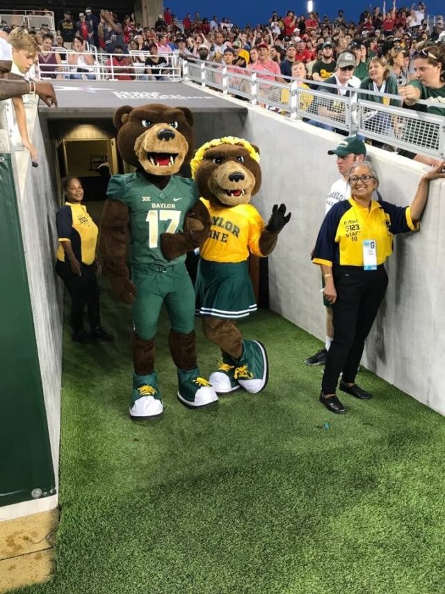 Marigold and Bruiser premier at a Baylor football game. Photo courtesy of Andy Spencer
