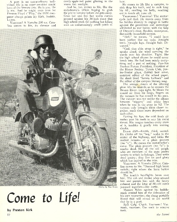 Kirk's feature story, aboard his legendary motorbike: “Come to Life!,” published in Iscani, Baylor's literary magazine in 1967. Courtesy of Preston Kirk.