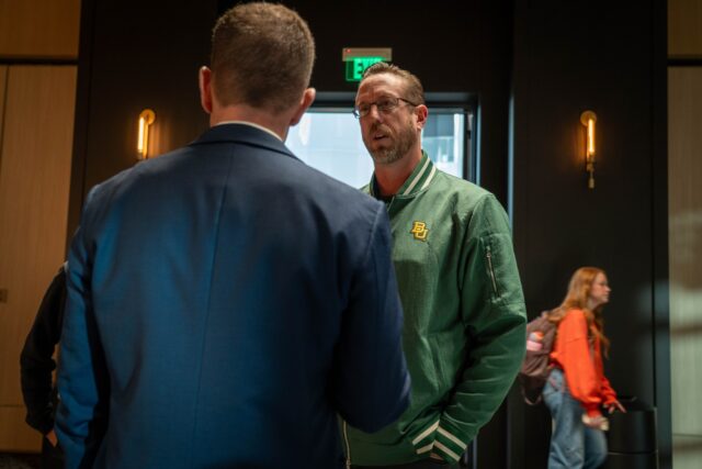 Volleyball head coach Ryan McGuyre meets with new athletic director Doug McNamee at the Hurd Welcome Center on Monday. Sam Gassaway | Photographer