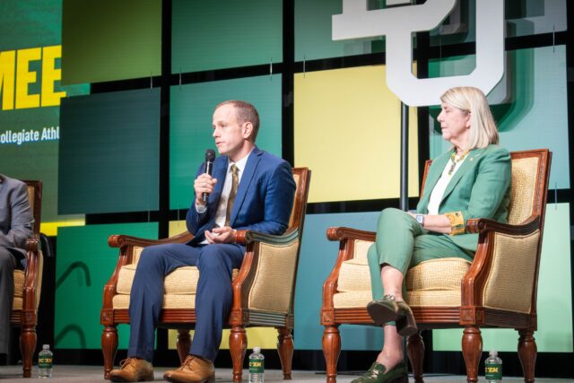 New Athletic Director Doug McNamee speaks to the Baylor and Waco audience alongside President Linda Livingstone during his introductory press conference Monday at the Hurd Welcome Center. Sam Gassaway | Photographer