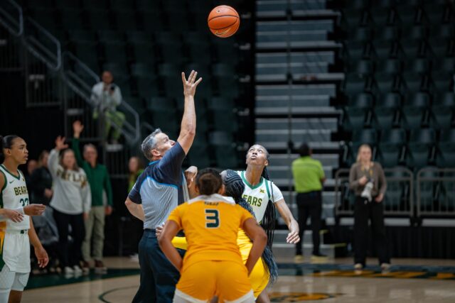 Senior forward Kiersten Johnson won the tip off during the Bears' 112-47 victory over Southeastern Louisiana at Foster Pavilion on Wednesday. Sam Gassaway | Photographer