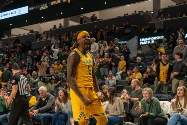 Fifth year guard Obi Agbim celebrates a steal during Baylor's lose against TCU Saturday night in Foster Pavilion. Mesha Mittanasala | Photographer