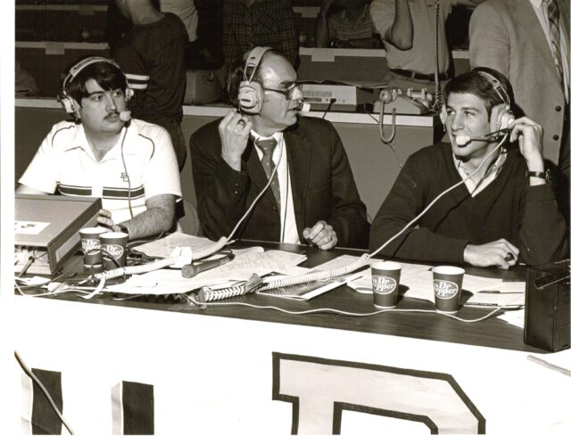 Pat Nunley (right) calls a game during his first season as a broadcaster. Nunley was brought on by longtime Baylor radio commentator Frank Fallon (center), the original "Voice of the Baylor Bears." Photo courtesy of John Morris