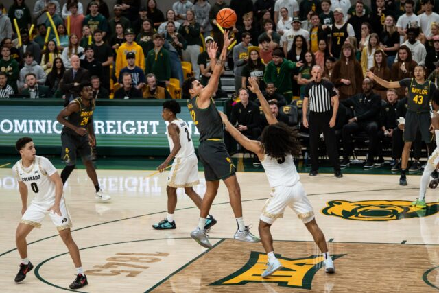 Senior forward Michael Rataj takes a shot from the paint during Baylor's Wednesday night 86-67 win against Colorado at Foster Pavilion. Alyssa Meyers | Photographer