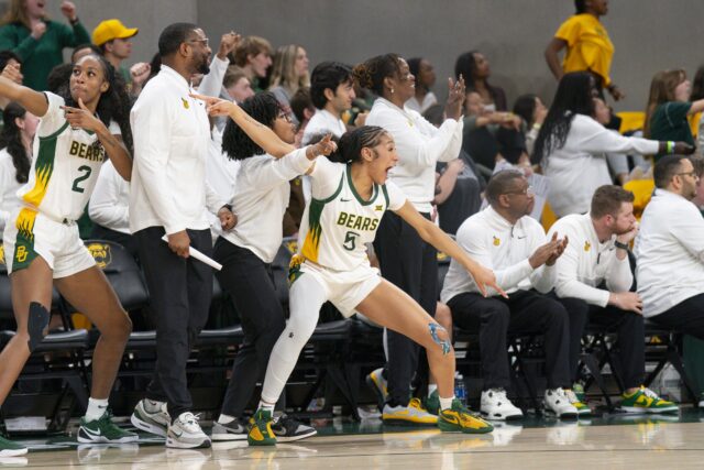Senior wing Darianna Littlepage-Buggs celebrates after watching Arizona turn the ball over during the Bears' 74-60 win on Saturday night against Arizona at Foster Pavilion. Jake Schroeder | Photographer